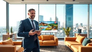 Real Estate agent assisting clients in a bright, modern office environment with urban views.