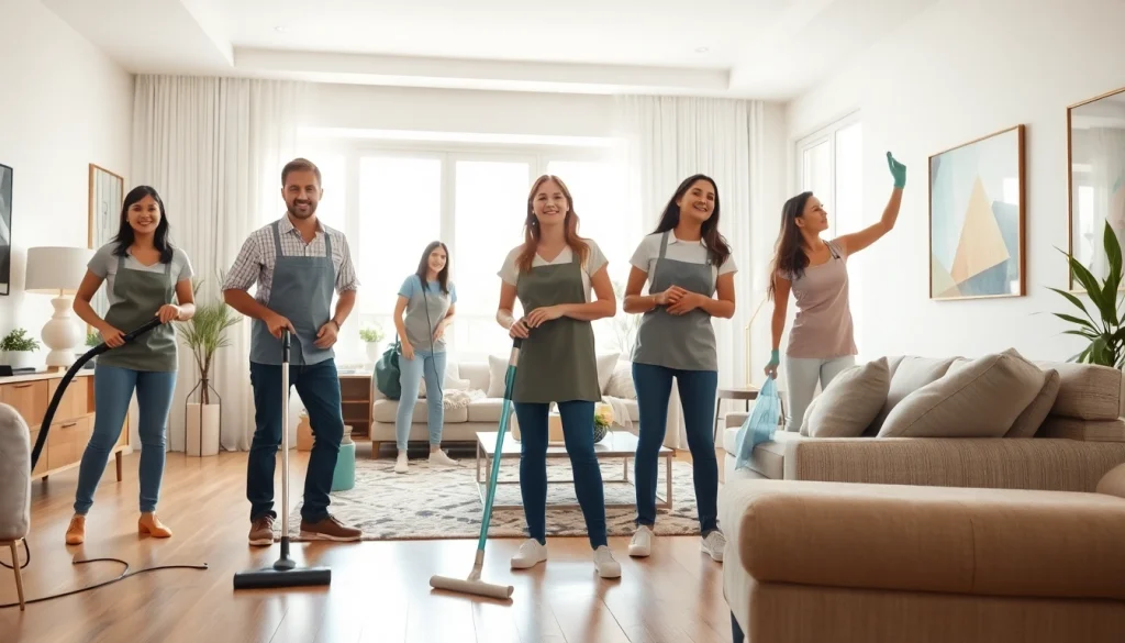 Thriving cleaning service team efficiently working in a bright home, ensuring quality service.