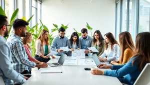 Engaged team strategizing Good Wolf Marketing approaches in a collaborative office setting.