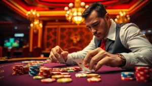 Gambler showcasing skill at the rr88com casino table, surrounded by vibrant chips and cards.