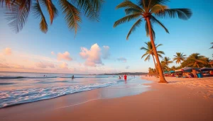 Vista deslumbrante da praia de Paripueira, Alagoas, ao pôr do sol, destacando suas cores vibrantes e atmosfera serena.