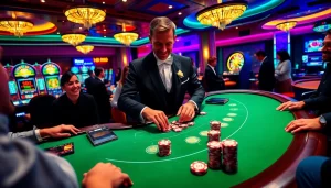 Experience thrilling casino action at Hi88 with players at a blackjack table full of colorful chips.