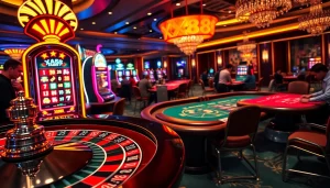 Discover the thrilling atmosphere of Nhà cái XX88, where players bet at a roulette wheel and slot machines.