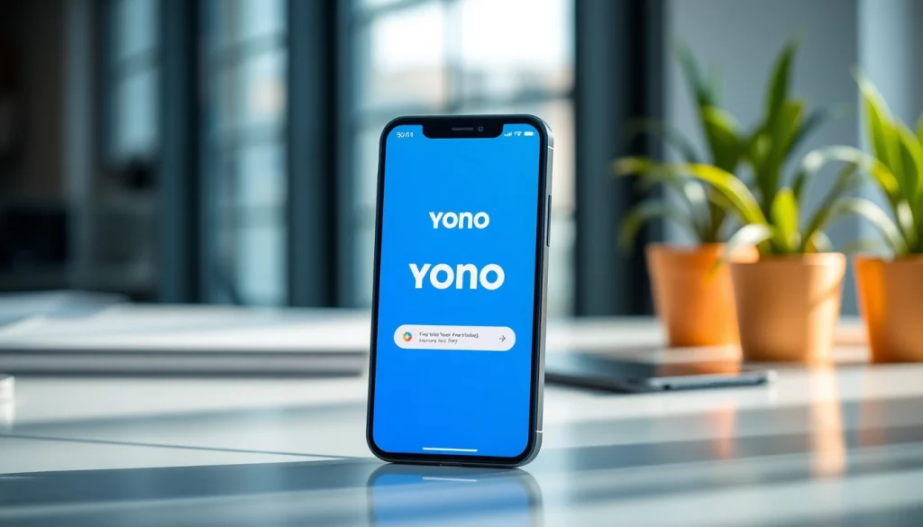 Discover the Yono VIP app's features on a smartphone in a modern workspace setup.