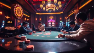 Players enjoy a thrilling poker game at a vibrant casino setting at https://mm88.sa.com/, showcasing the excitement of gambling.