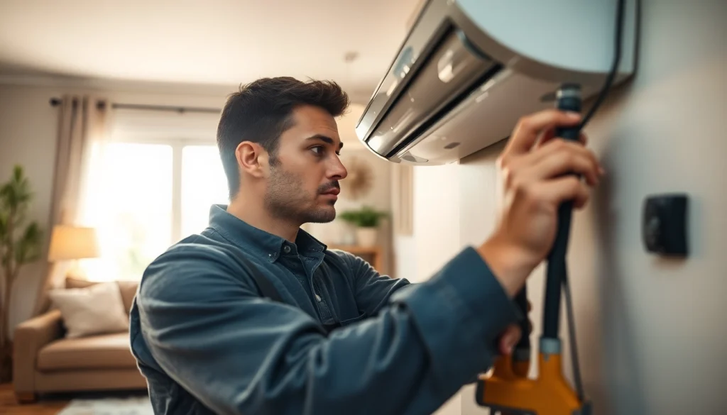 Technician from https://nobleheatingairservices.com inspecting HVAC unit in a cozy home atmosphere.