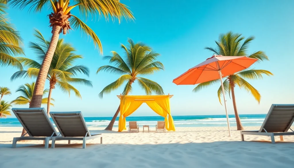 Relaxing scene at a coastal cabana with palm trees and bright beach umbrellas.