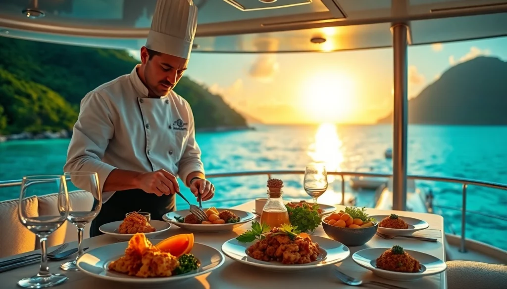 Private chef St Martin creates a gourmet experience on a luxury yacht, highlighting exquisite meal presentation.