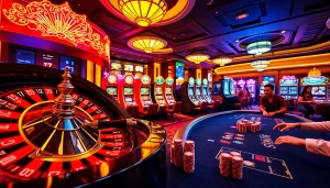 Dynamic casino gaming scene featuring roulette, slots, and poker tables with KJC AC 2 branding for an enhanced gaming experience.