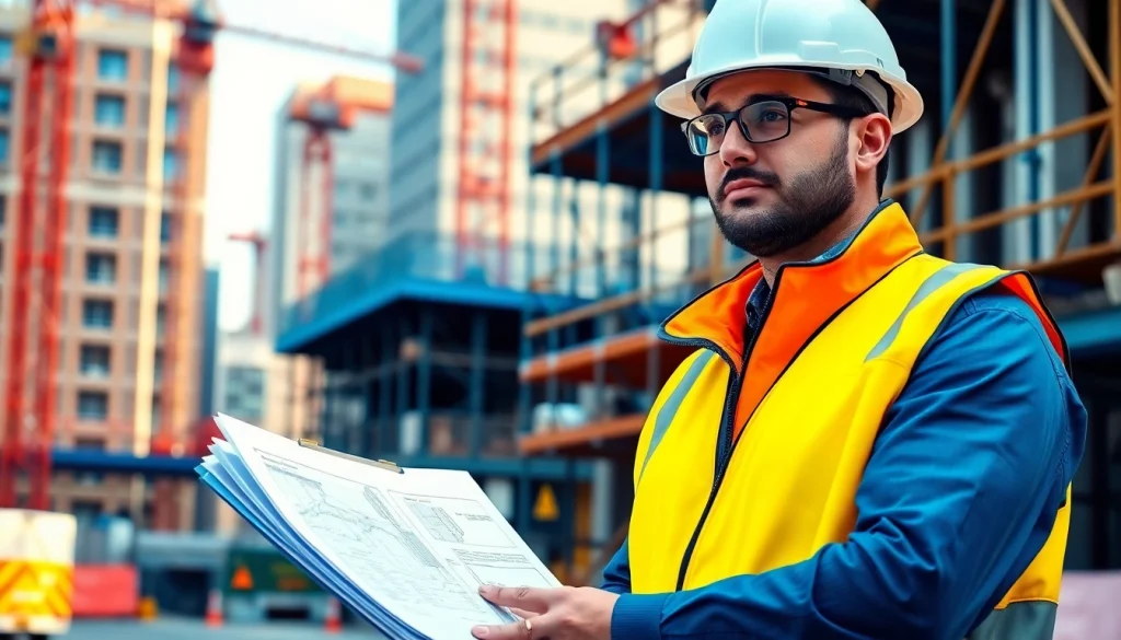New York City Construction Manager overseeing a bustling construction site with plans in hand.