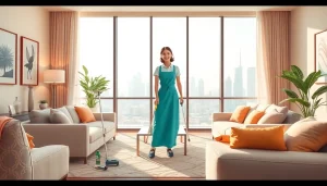 Maid Agency Dubai services illustrated by a friendly maid providing professional home cleaning.