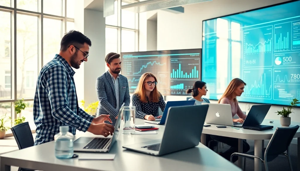 Showcasing diverse teams in technology companies workspace engaging with high-tech devices.