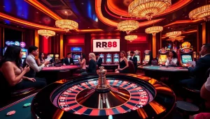 Experience the thrill of RR88 at a vibrant casino with excitement around engrossed players and spinning roulette wheels.