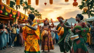 Experience kora live music with vibrant dancers at an outdoor festival creating a joyful atmosphere.