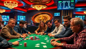 KJC players enjoy thrilling poker games at a vibrant casino table, showcasing excitement and strategy.