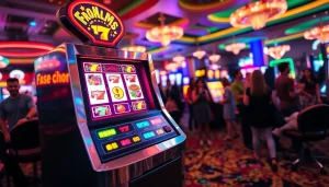 Mainan slot yang berkilau di kasino dengan pemain yang antusias berinteraksi.