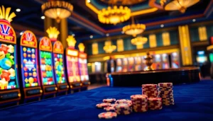 Experience the excitement of Slot Online Terpercaya with vibrant slot machines and casino gaming elements.