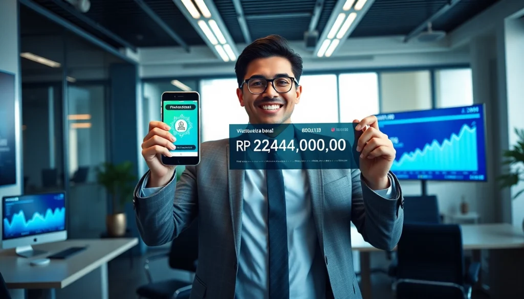 Business professional celebrating a successful withdrawal of Rp 2,424,000,00 from BOX138 in a modern office.