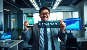 Business professional celebrating a successful withdrawal of Rp 2,424,000,00 from BOX138 in a modern office.