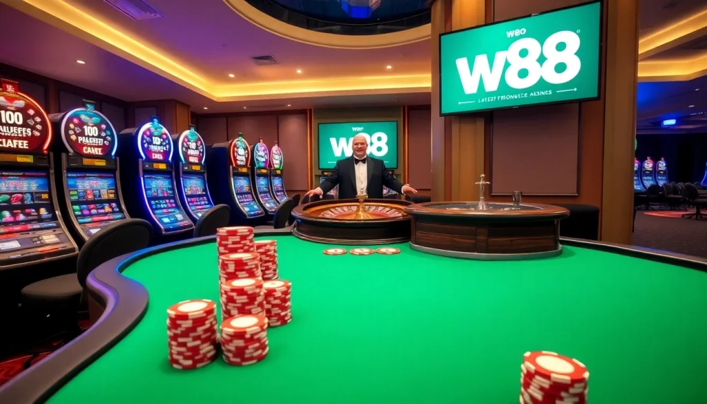 Experience excitement at the W88 casino with vibrant poker tables and thrilling slot machines.