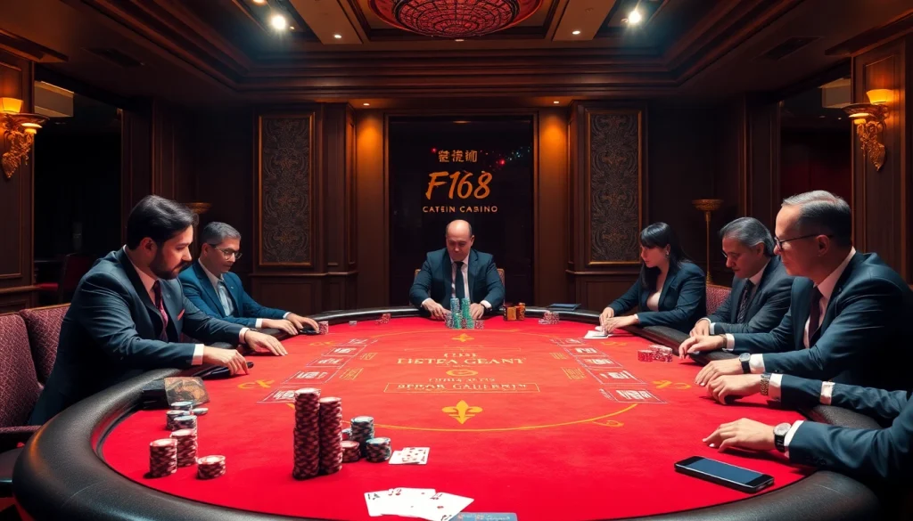 Experience the luxury of gaming at แบรนด์ F168's high-end poker tables in a vibrant casino setting.