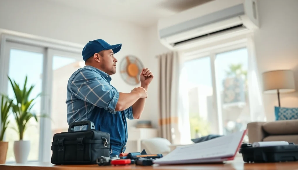 AC repair mesa az service being performed by a technician inside a bright Mesa home.