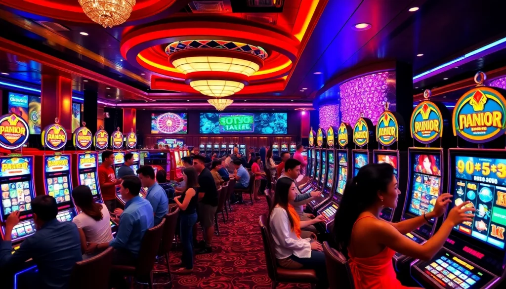 Situs Slot Gacor showcase featuring vibrant slot machines in a luxurious casino setting.
