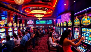 Situs Slot Gacor showcase featuring vibrant slot machines in a luxurious casino setting.