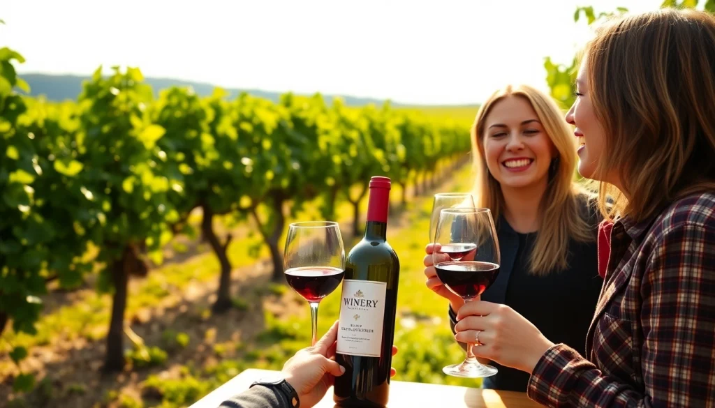 Experience Winery Membership at a vibrant vineyard event with friends enjoying wine.