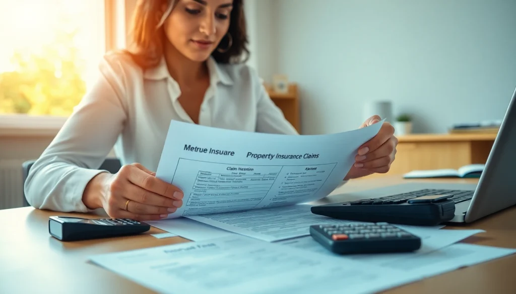 Analyze Property Insurance Claims documents with a focused professional at a bright desk.