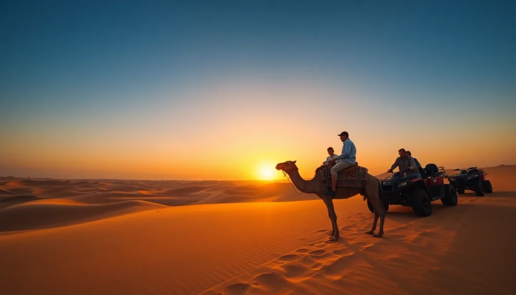 Marrakech camel ride and quad biking exploring the Agafay Desert at sunset, showcasing adventure and cultural immersion.