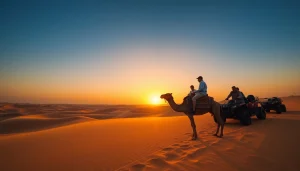Marrakech camel ride and quad biking exploring the Agafay Desert at sunset, showcasing adventure and cultural immersion.