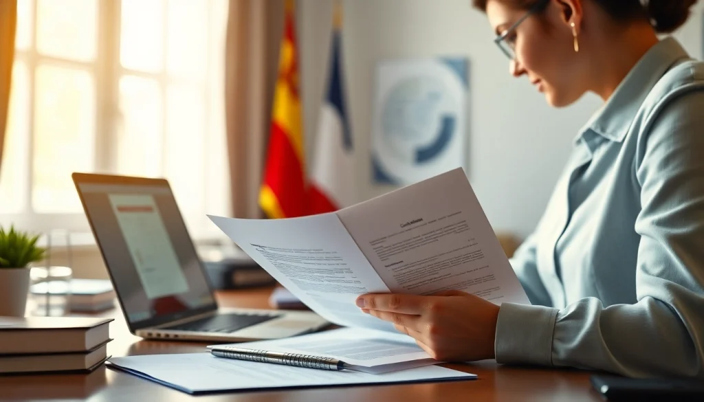Traducteur assermenté examinant des documents en espagnol, incarnant le professionnalisme et l'expertise en traductions assermentées.