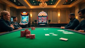 Experience the thrill of MM88 at a luxurious online casino with poker tables and vibrant slot machines.