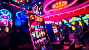 Slot depo 1k menampilkan mesin slot yang ramai dan memukau dengan pemain yang merayakan kemenangan.