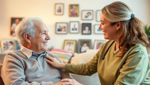 Senior caregivers Austin TX providing compassionate assistance to an elderly person in a cozy living room.