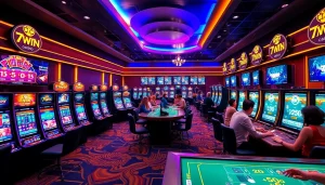 Experience the excitement at the vibrant 78WIN brand casino with digital interfaces and players celebrating wins.