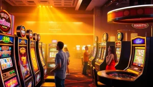 Exciting scene of a vibrant 슬롯커뮤니티 showcasing players engaged with slot machines.