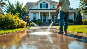 Pressure wash team revitalizing a driveway with professional cleaning equipment.