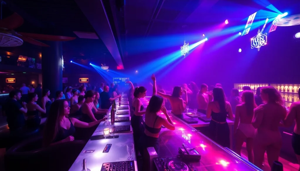 Energetic nightlife scene at Club sxm with vibrant lights and beautiful entertainers.