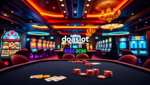 Engage with the doaslot login interface amidst a lively casino setting, highlighting slot machines and poker chips.