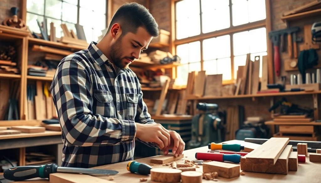 Carpentry Apprenticeship Near Me with a carpenter skillfully crafting wood in a bright workshop.