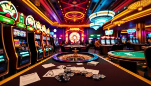 Experience the thrill of MM88 with vibrant casino gaming tables and illuminated slot machines.