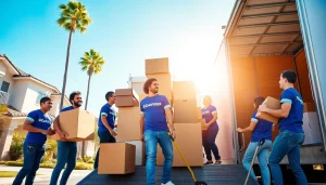 Movers San Diego loading a truck, showcasing efficient moving services in a sunny neighborhood.