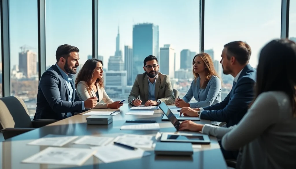 Engaged team discussing das 140 regulations in a modern office setting.