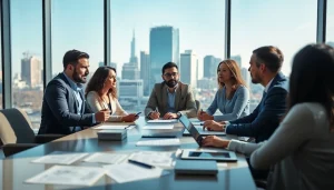 Engaged team discussing das 140 regulations in a modern office setting.