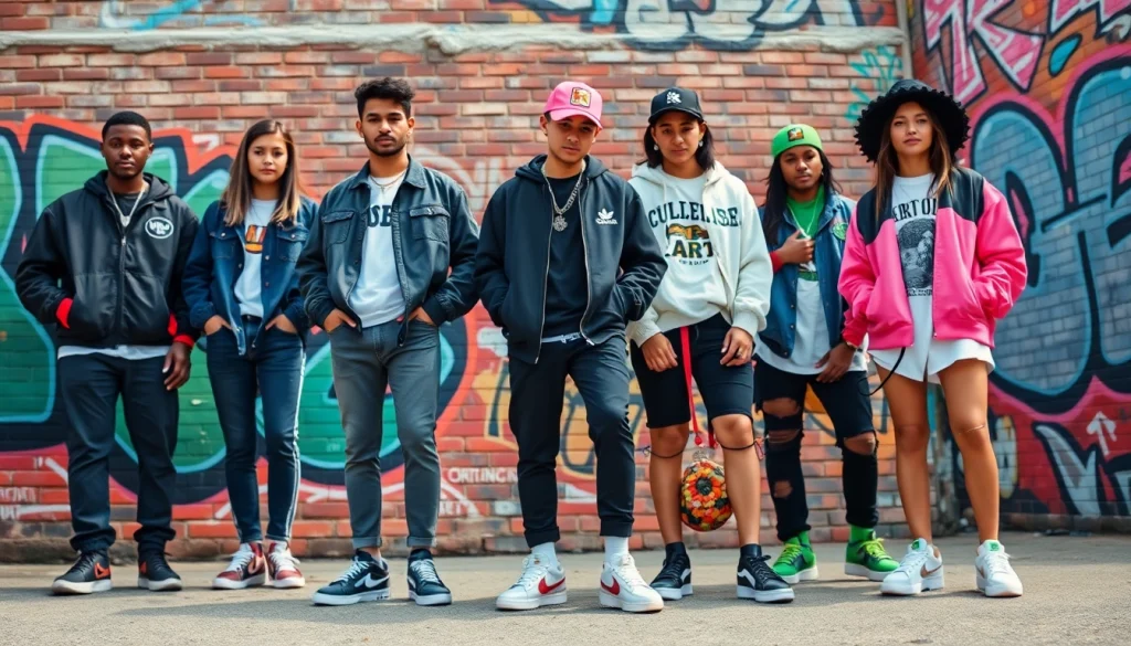 Dynamic streetwear for dreamers showcasing vibrant youth fashion against an urban backdrop.