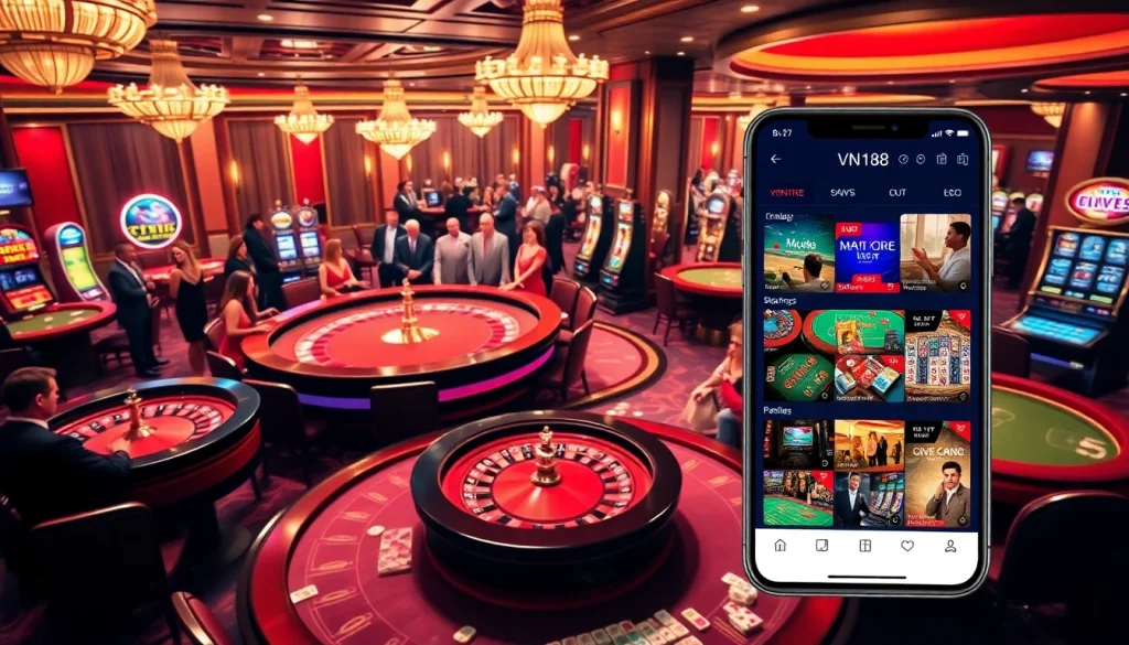 Exciting VN168 casino experience with dealers and vibrant gaming action.