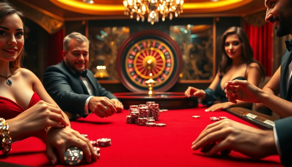 Players at a poker table enthusiastically engaging in a game with diamond-studded chips.