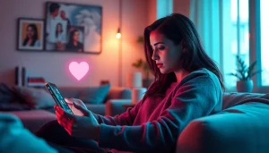 A person interacting with a futuristic AI chatbot, signifying emotional connection through sex ai technology in an inviting digital space.